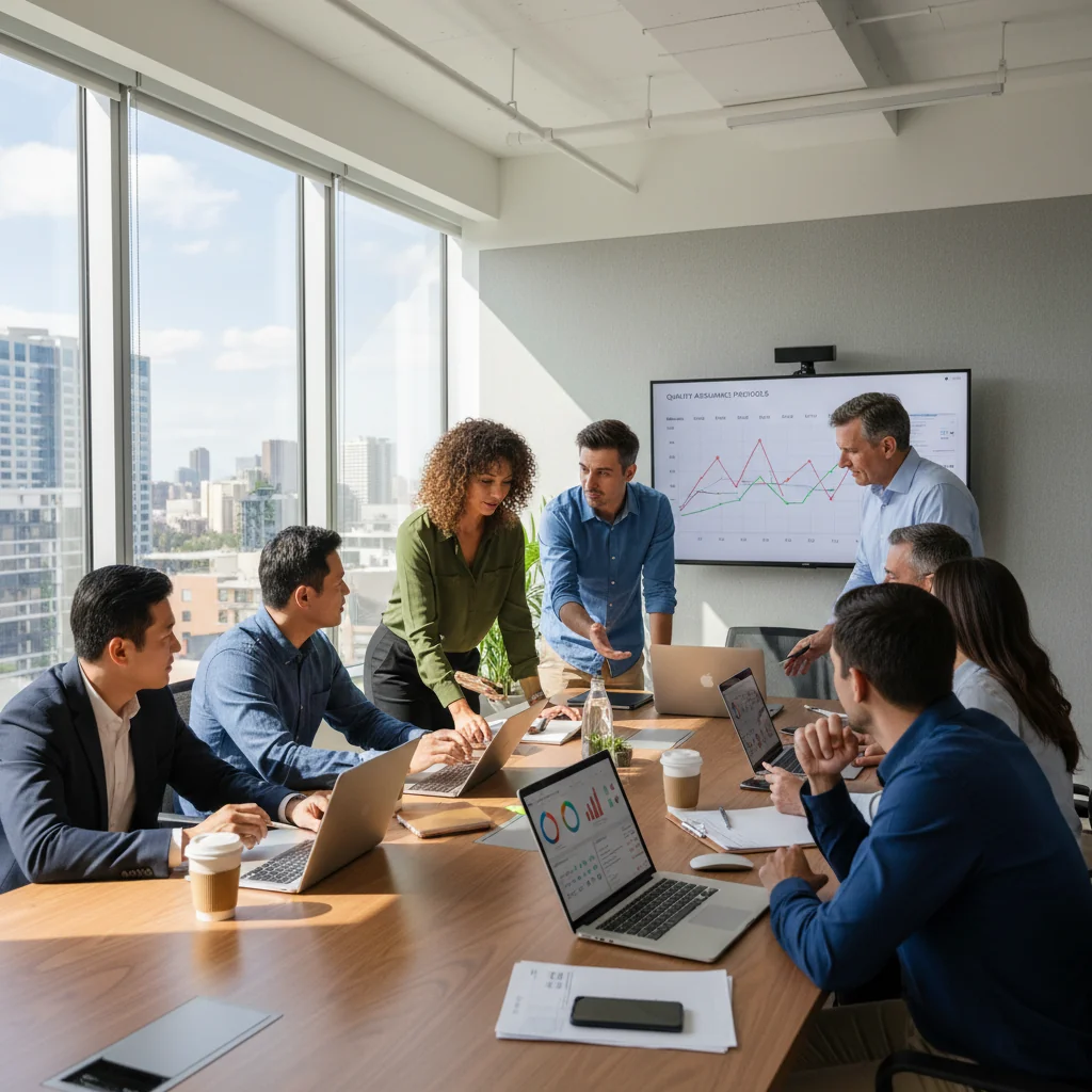 A photorealistic image of a professional business team in a modern office setting, collaboratively reviewing and implementing quality assurance strategies on digital screens and charts, symbolizing the effective building and deployment of a quality handbook, with adults only, no children present.