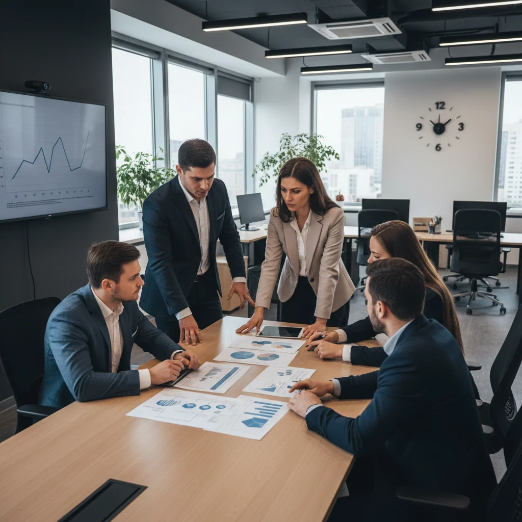 A professional business meeting in a modern Russian office, with diverse adults discussing quality standards and principles around a conference table, symbolizing guidance and compliance in quality management.