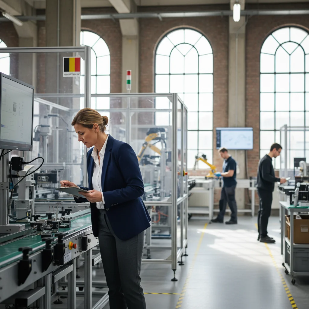 A photorealistic image of a professional quality assurance auditor in a modern Belgian industrial facility, meticulously inspecting manufacturing processes on a production line, symbolizing the standards and guidelines outlined in a Quality Assurance Manual, with subtle Belgian elements like a flag in the background, no children present, highly detailed and realistic photography style.