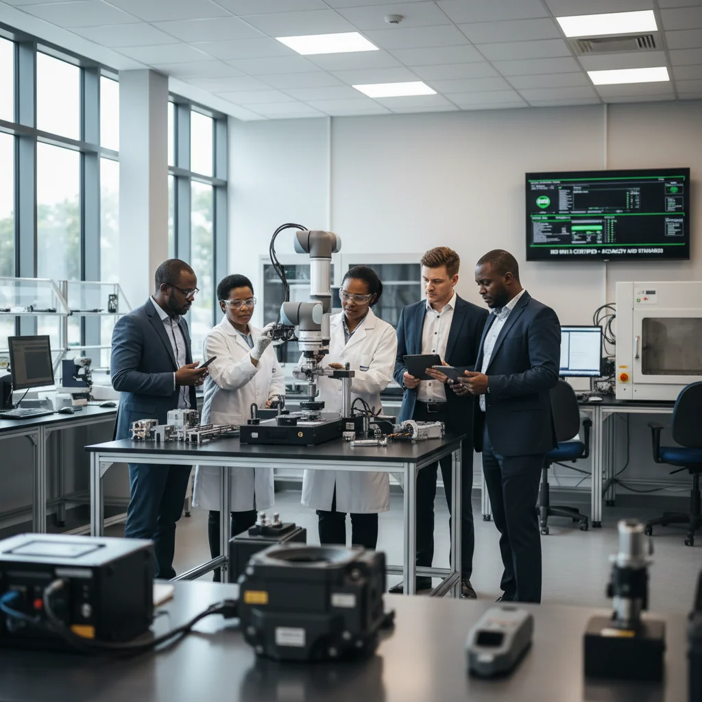 A photorealistic image representing quality assurance in a South African professional context, featuring a diverse team of adults in a modern manufacturing facility or quality control lab, conducting inspections on products with precision tools, symbolizing the principles of a quality assurance manual, with subtle South African elements like a flag or landscape in the background, no children present.