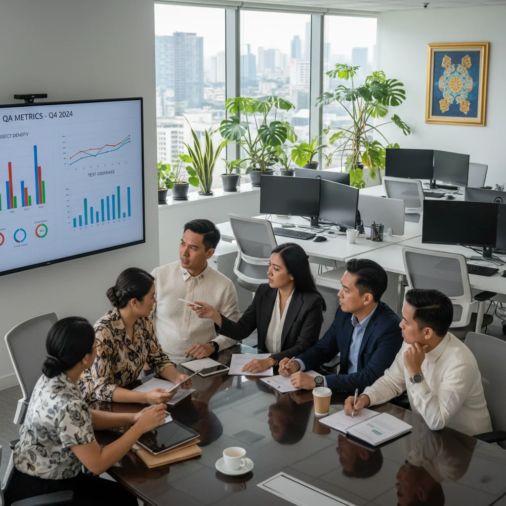 A photorealistic image of a professional team of diverse adult Filipino businesspeople in a modern office in the Philippines, collaboratively reviewing quality assurance processes on a shared digital screen, symbolizing effective QA practices for Philippine businesses. The scene conveys precision, teamwork, and reliability, with elements like checklists and metrics visible but no actual documents or children present.