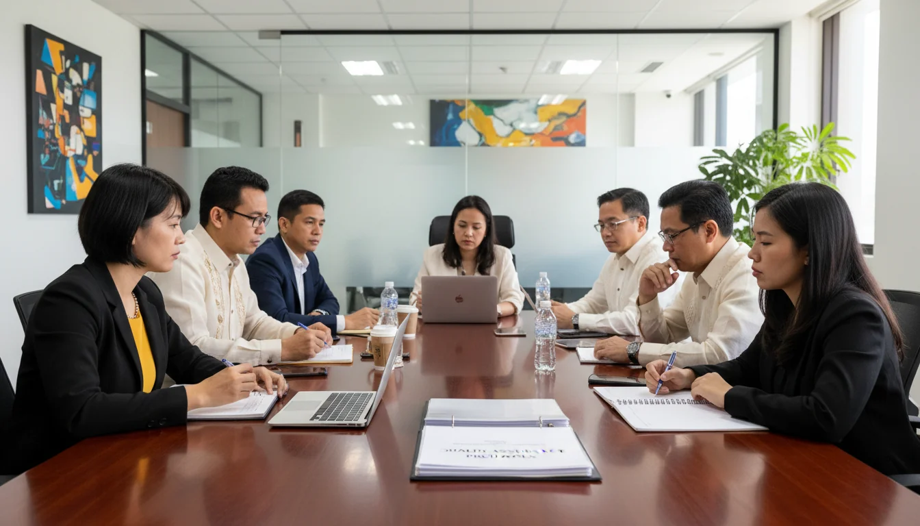 Professional team reviewing QA manual