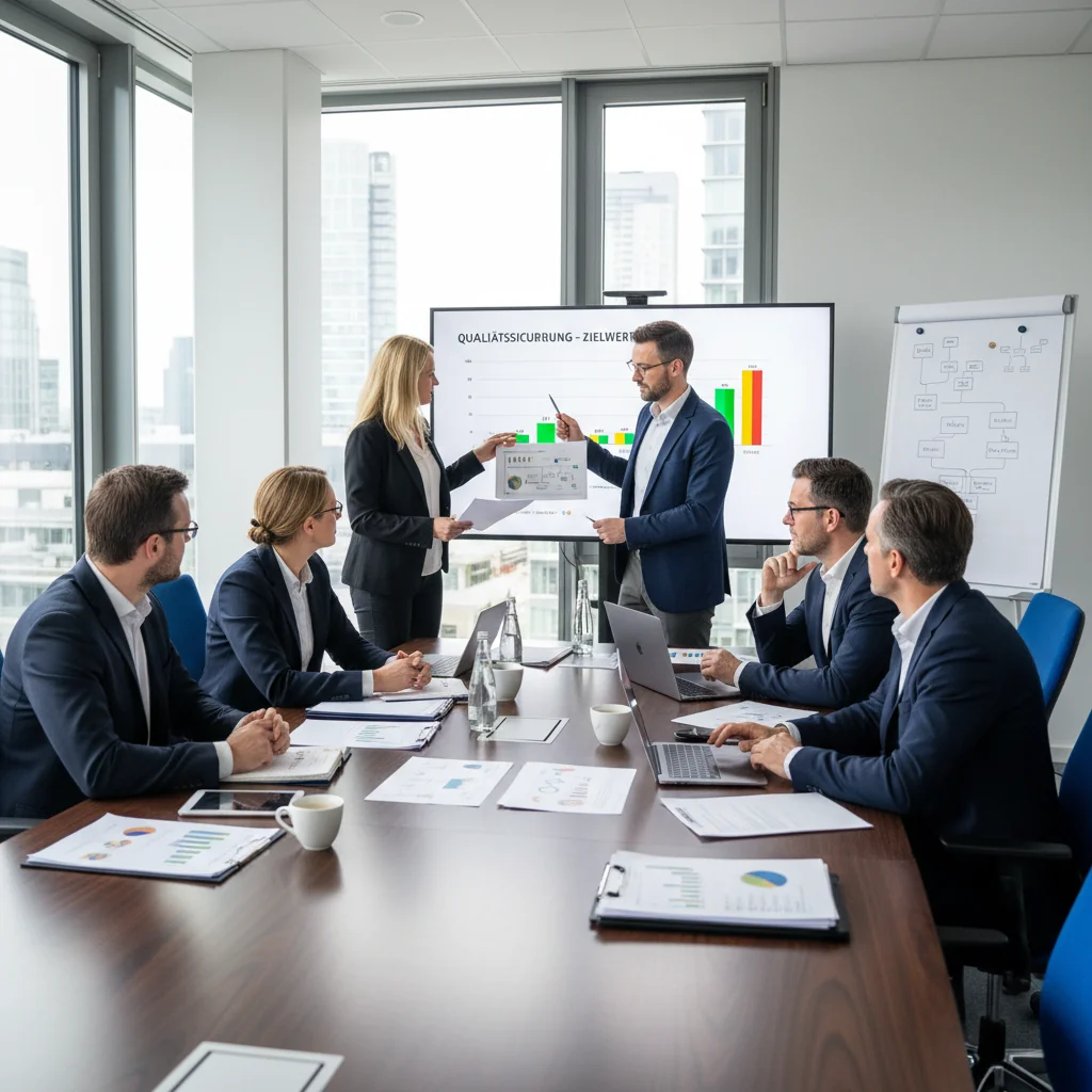 A professional office environment in Germany, showing a diverse team of adults engaged in a quality control meeting, reviewing documents and processes on a whiteboard, symbolizing quality assurance principles, with modern German office aesthetics like clean lines and efficiency.