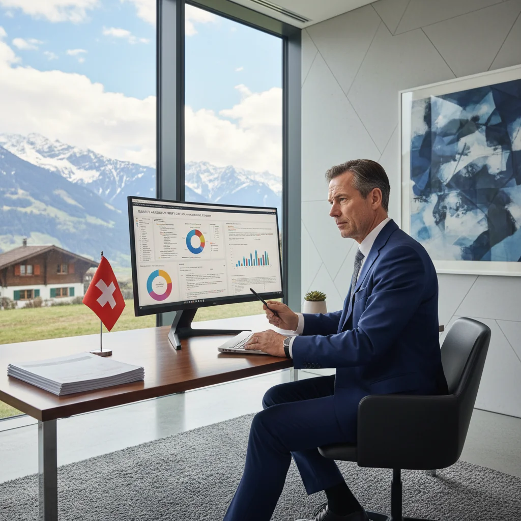 A photorealistic image of a professional in a modern Swiss office setting, reviewing quality assurance documents on a computer screen with Swiss Alps visible through a window, symbolizing compliance and best practices in quality management.