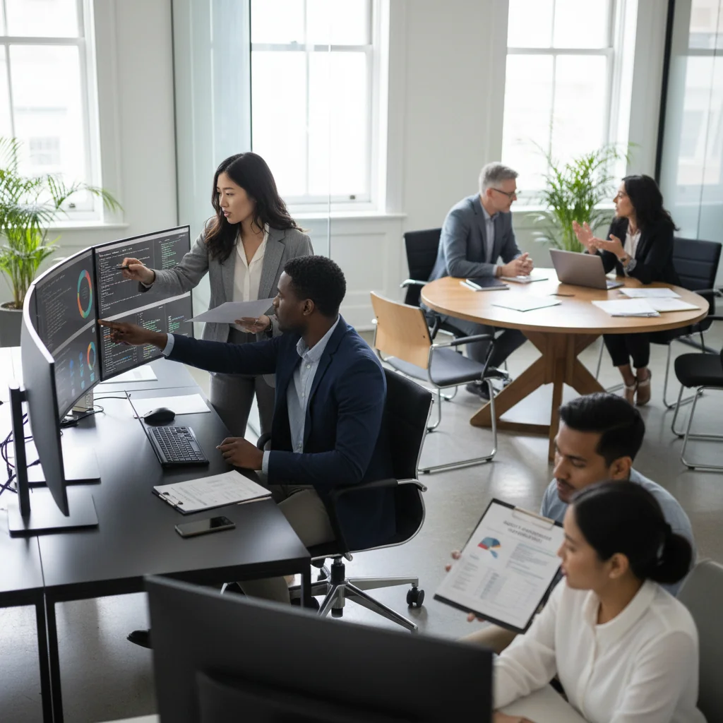 A photorealistic image depicting a professional quality assurance team in a modern office environment, collaboratively reviewing processes on large screens and checklists, symbolizing the implementation of effective quality control measures, with diverse adult professionals engaged in focused discussion, no children present.