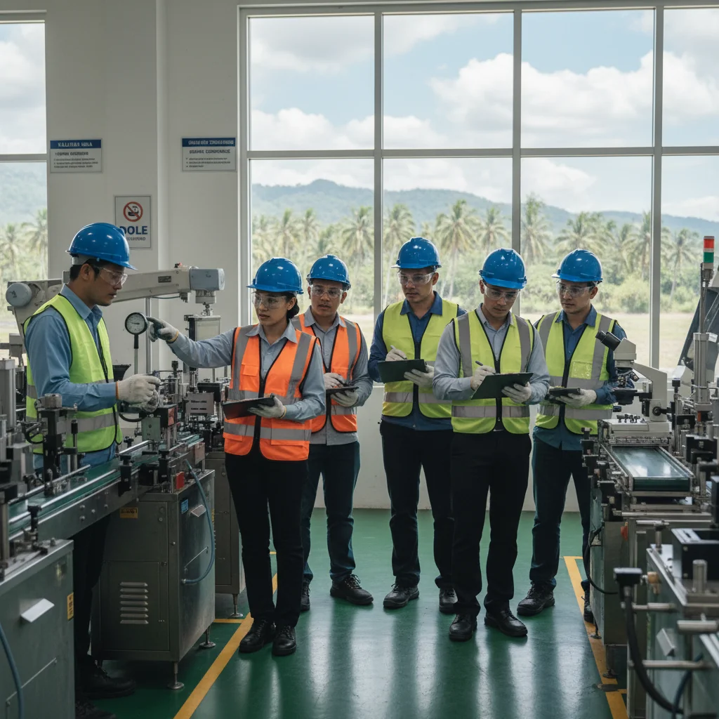 A photorealistic image depicting a professional quality assurance team in a modern manufacturing facility in the Philippines, conducting a thorough inspection of production processes to ensure compliance with national regulations. The scene shows diverse adult professionals in safety gear, examining equipment and documents at a clean, high-tech assembly line, symbolizing precision, oversight, and regulatory adherence. The background includes subtle Philippine elements like a flag or tropical plants, emphasizing the local context. No children are present in the image.