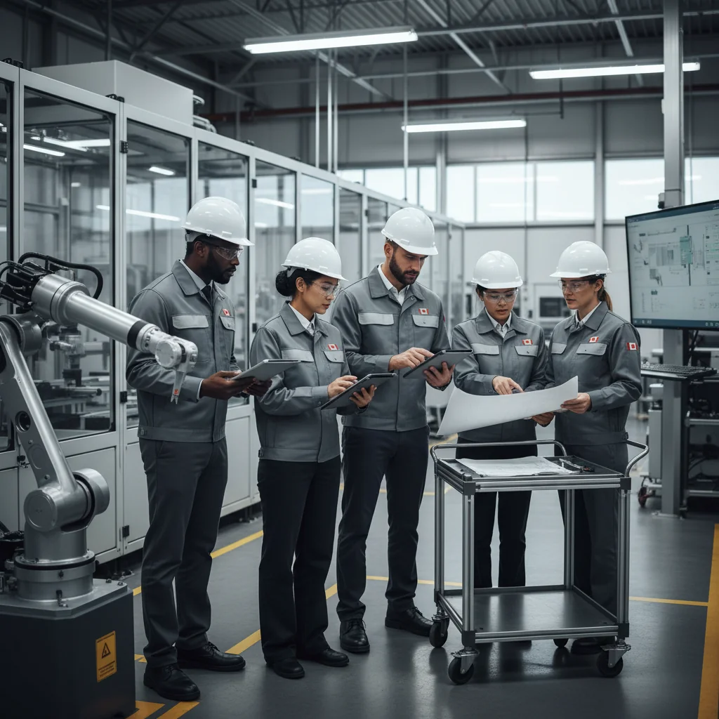 A professional quality assurance team in a modern Canadian manufacturing facility, conducting a compliance check on production processes, emphasizing precision, teamwork, and regulatory adherence, with subtle Canadian elements like a maple leaf in the background.