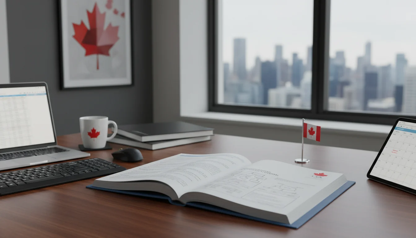 Canadian flag over quality manual.