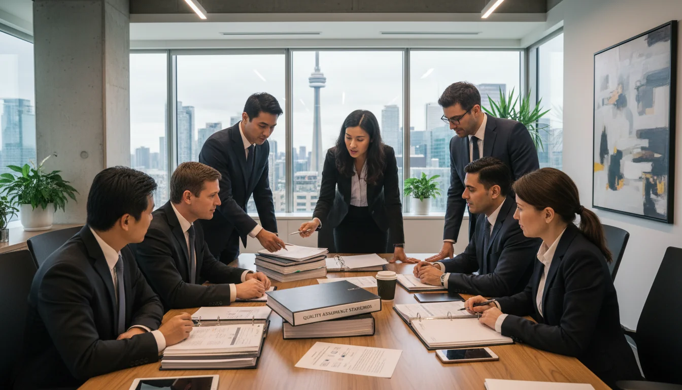 Team reviewing QA standards.