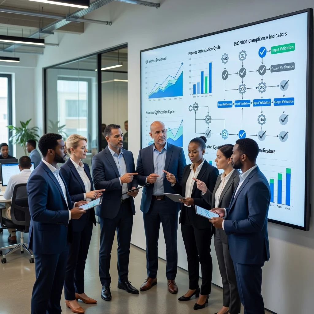 A photorealistic image symbolizing quality management and excellence in business, showing a diverse team of adult professionals in a modern office environment, collaboratively reviewing charts and processes on a large screen, with subtle ISO 9001 certification icons in the background, conveying trust, precision, and organizational success. No children present.