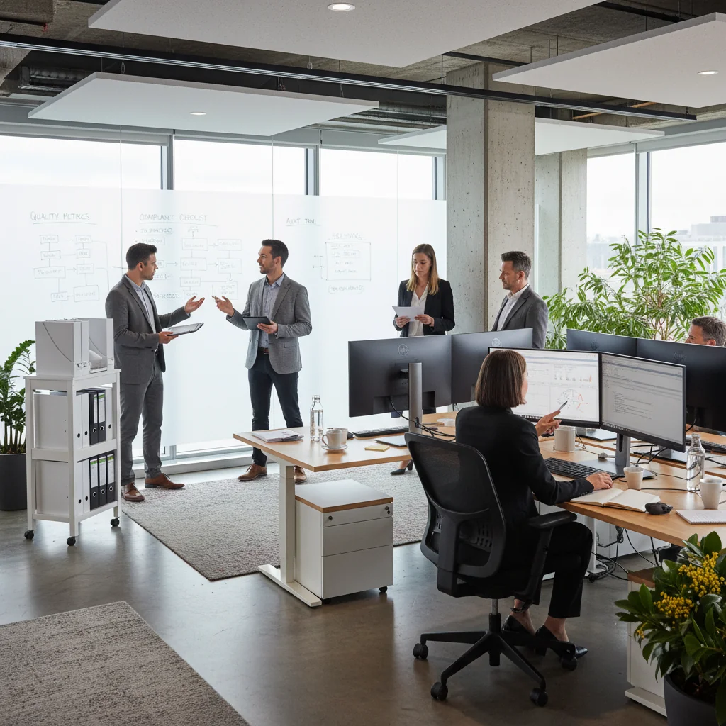 A photorealistic image of a diverse team of Australian business professionals in a modern office setting, collaborating on quality assurance processes. They are reviewing charts and checklists on a large screen, symbolizing the implementation of quality standards, with Australian elements like a subtle Sydney skyline view in the background. No children present.
