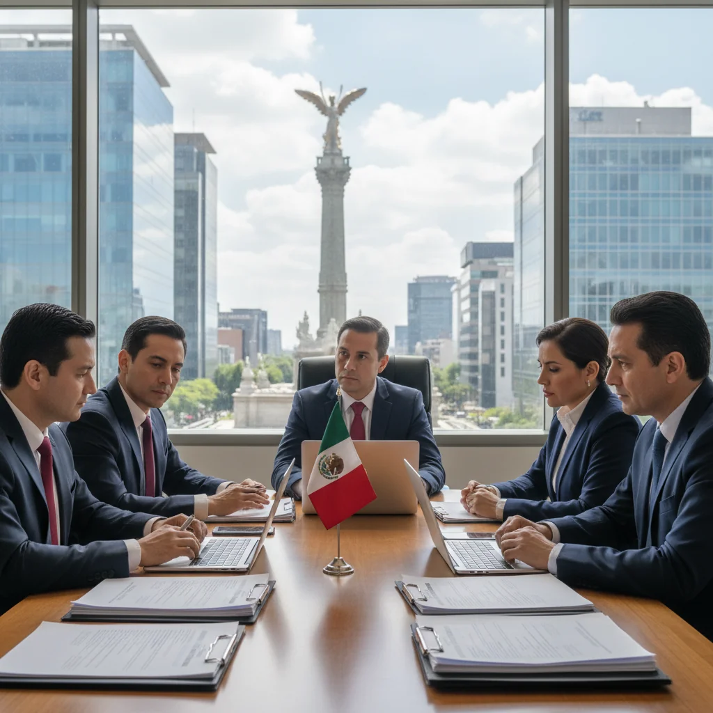A photorealistic image of a professional Mexican business meeting in a modern office setting, where diverse adult professionals in business attire are reviewing compliance documents and discussing regulatory standards, symbolizing assurance and quality control in a Mexican corporate context, with subtle Mexican cultural elements like a flag or landmarks in the background, no children present.