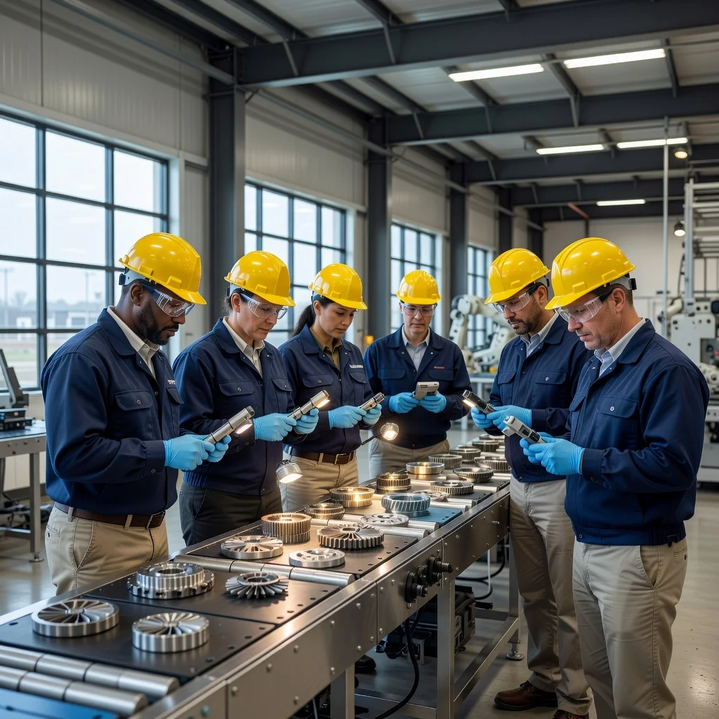 A photorealistic image of a professional quality assurance team in a modern manufacturing facility in the United States, conducting inspections on high-tech equipment. Diverse adult professionals in safety gear and business attire collaborate around a production line, symbolizing precision, compliance, and effective quality control processes. The scene conveys reliability and excellence in American industry standards, with no documents or text visible.