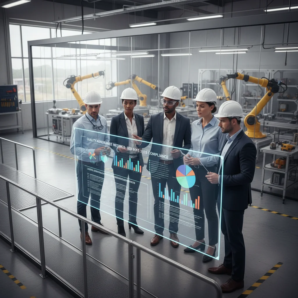 A photorealistic image of a professional quality assurance team in a modern manufacturing facility, meticulously reviewing processes on a large digital screen, symbolizing compliance and legal standards in quality control documentation, with adults only, no children present.