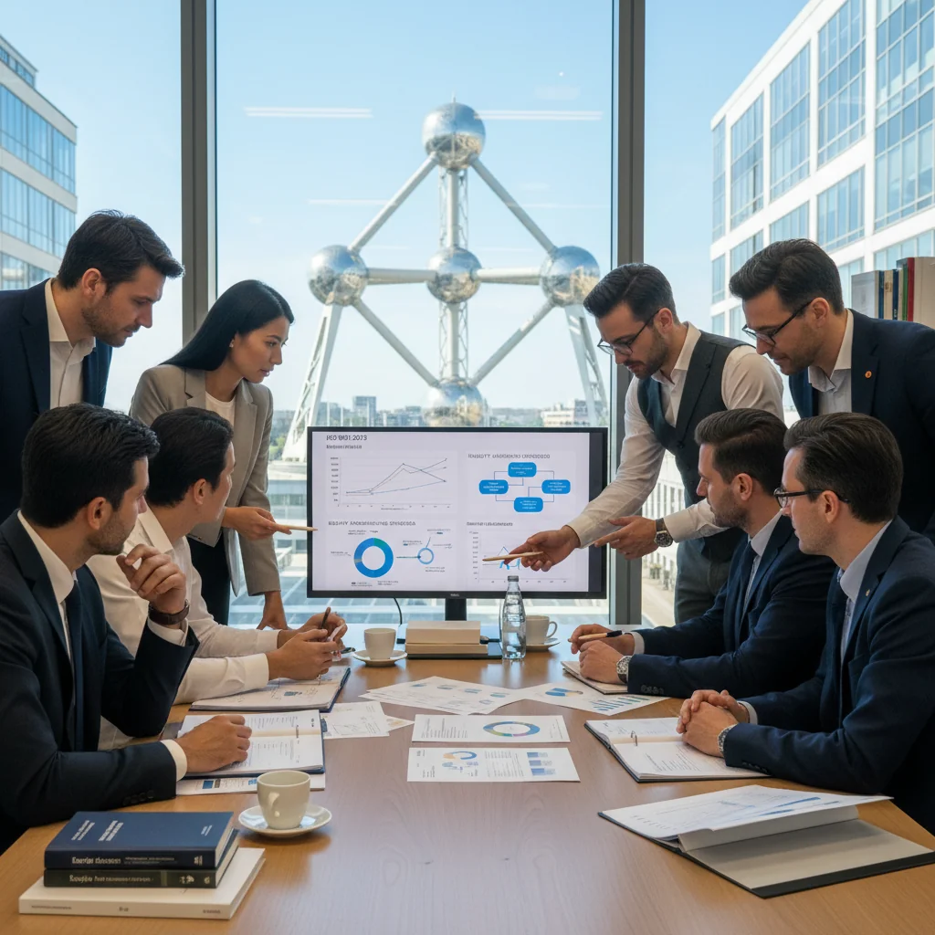 A photorealistic image of a professional quality assurance team in a modern Belgian office setting, collaboratively reviewing processes on a large digital screen, symbolizing the development of a quality assurance manual compliant with Belgian standards. The scene conveys precision, teamwork, and regulatory compliance, with subtle Belgian elements like a flag or Brussels architecture in the background. No children are present.