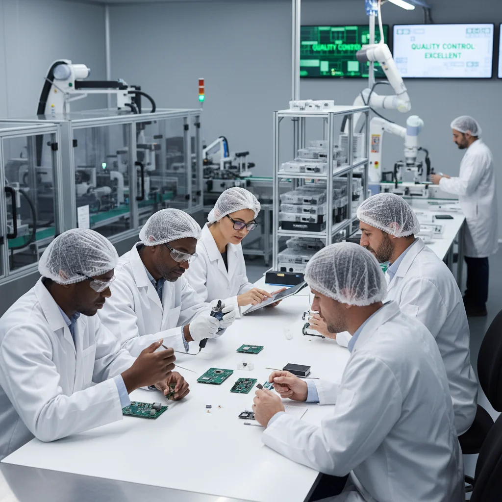 A photorealistic image of a professional quality assurance team in a modern manufacturing facility, carefully inspecting and testing products on a production line to ensure high standards, symbolizing the purpose of a quality assurance handbook.