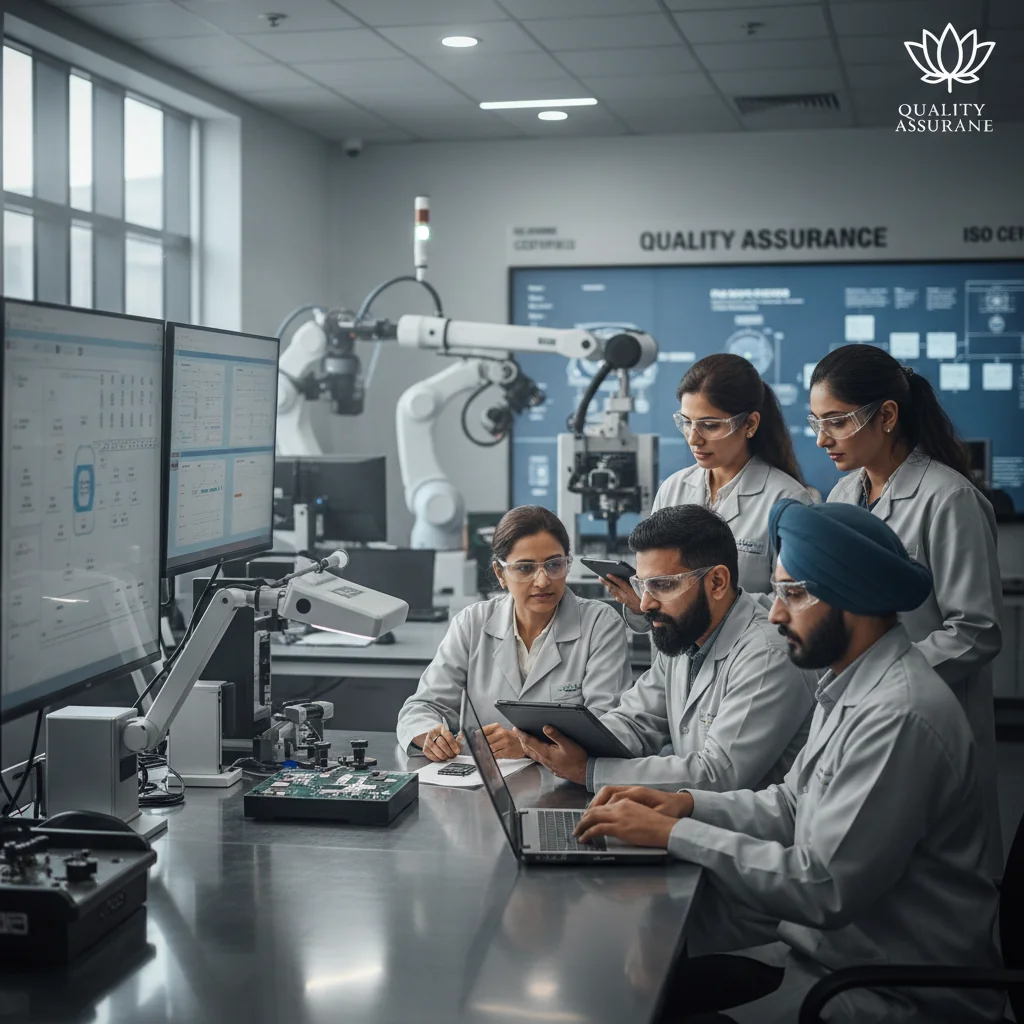 A photorealistic image of a diverse group of professional adults in a modern Indian manufacturing facility, collaborating on quality control processes, with elements like inspection tools, checklists, and satisfied workers ensuring product standards, symbolizing quality assurance in India.