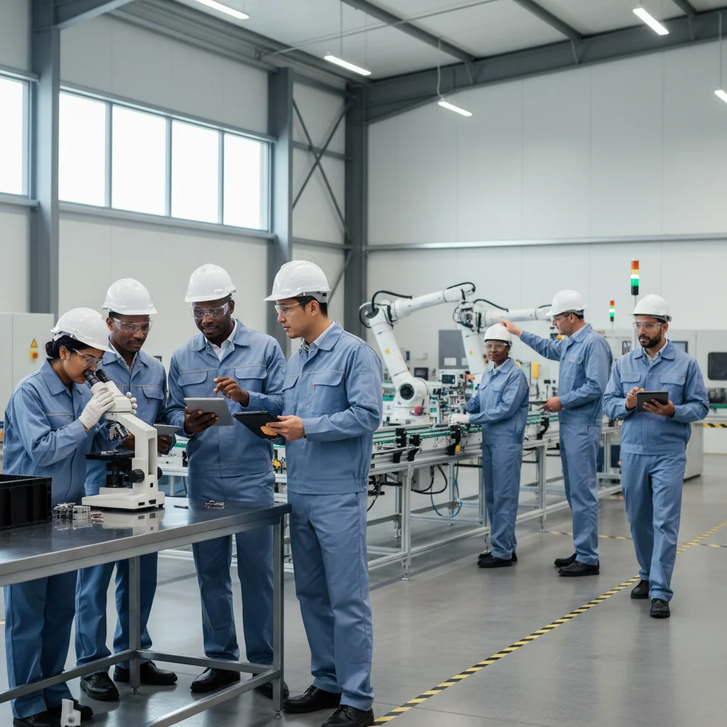 A photorealistic image depicting a diverse team of adult professionals in a modern industrial manufacturing facility, collaboratively reviewing quality control metrics on digital screens and inspecting high-precision machinery, symbolizing the benefits of quality assurance in industry, with an atmosphere of efficiency, reliability, and professional excellence. No children are present in the image.