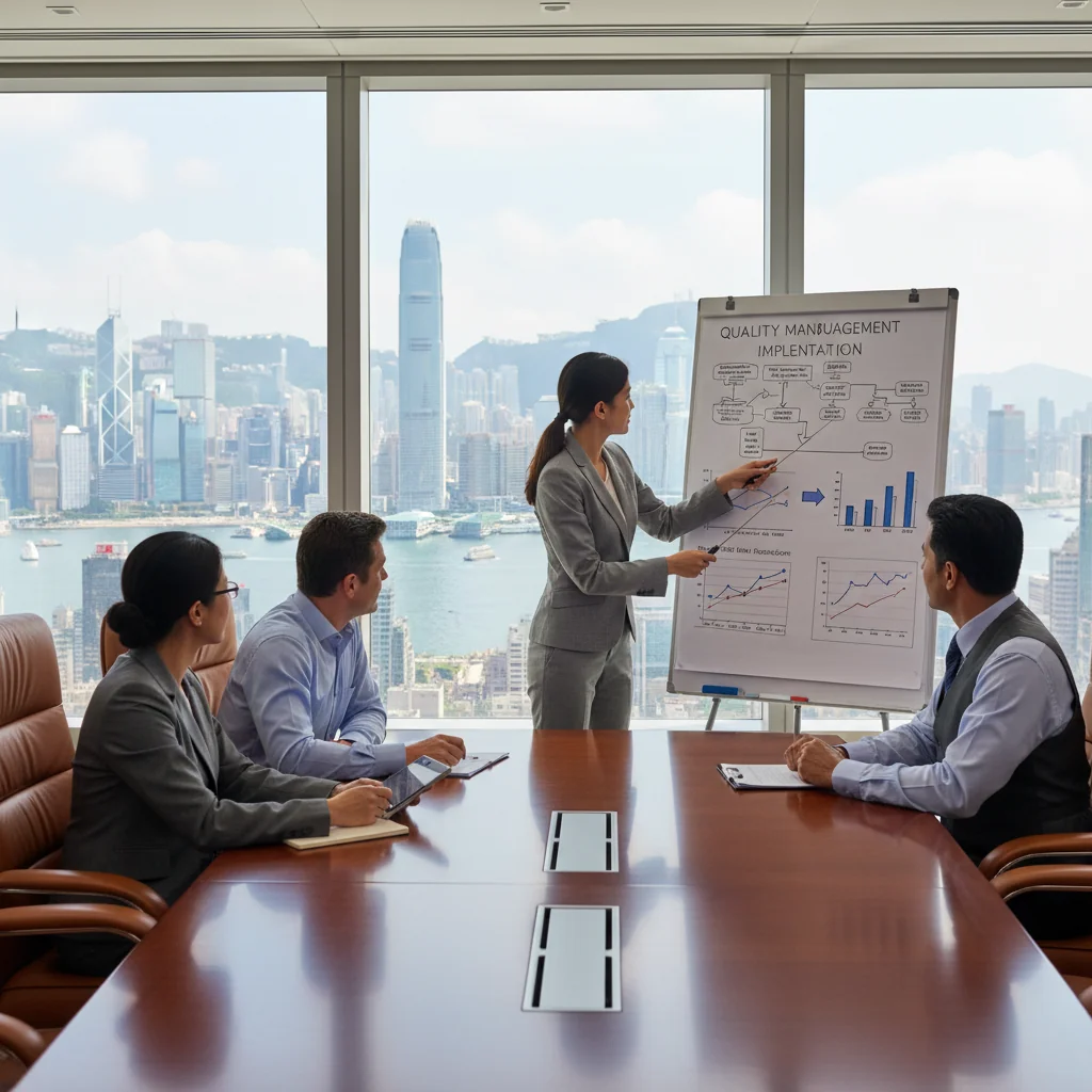 A photorealistic image depicting a professional business meeting in a modern Hong Kong office, where a diverse group of adult professionals are discussing quality assurance strategies on a whiteboard, symbolizing the implementation of quality management practices in enterprises. The scene includes elements like charts and graphs related to quality control, with a cityscape view of Hong Kong skyline in the background through large windows. No children are present in the image.