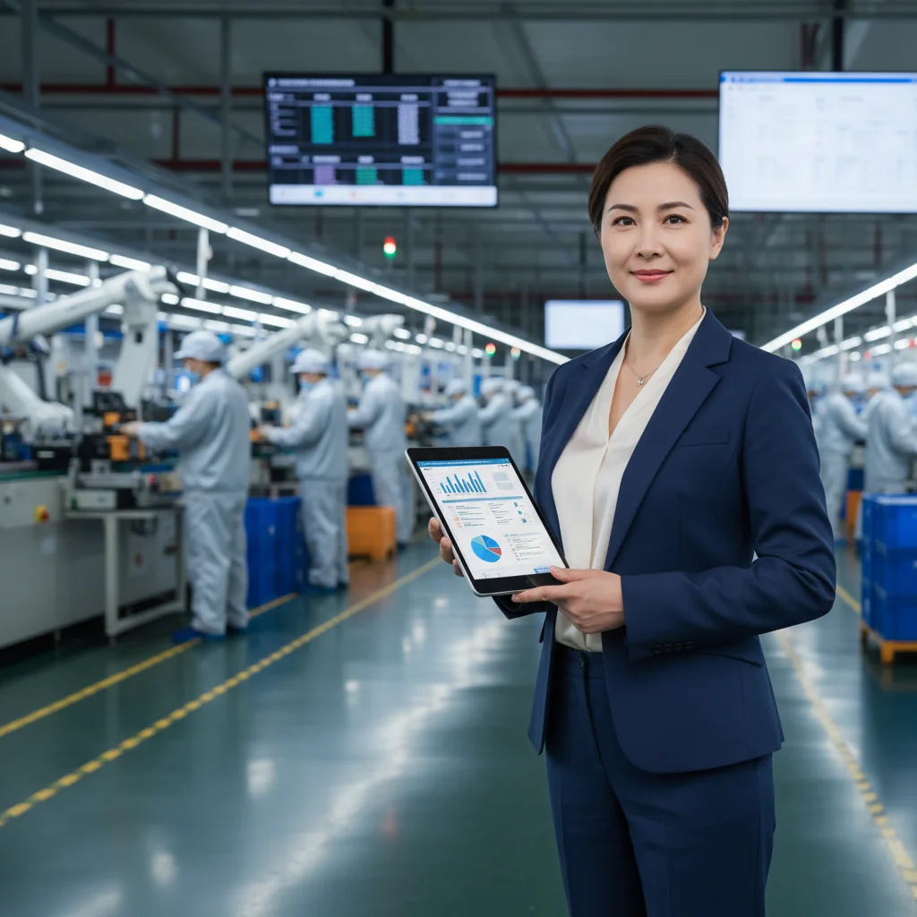 A photorealistic image of a professional quality assurance manager in a modern Chinese manufacturing facility, reviewing updated compliance documents on a tablet while overseeing a team of adult workers ensuring product quality standards, symbolizing regulatory updates for quality assurance manuals in China.