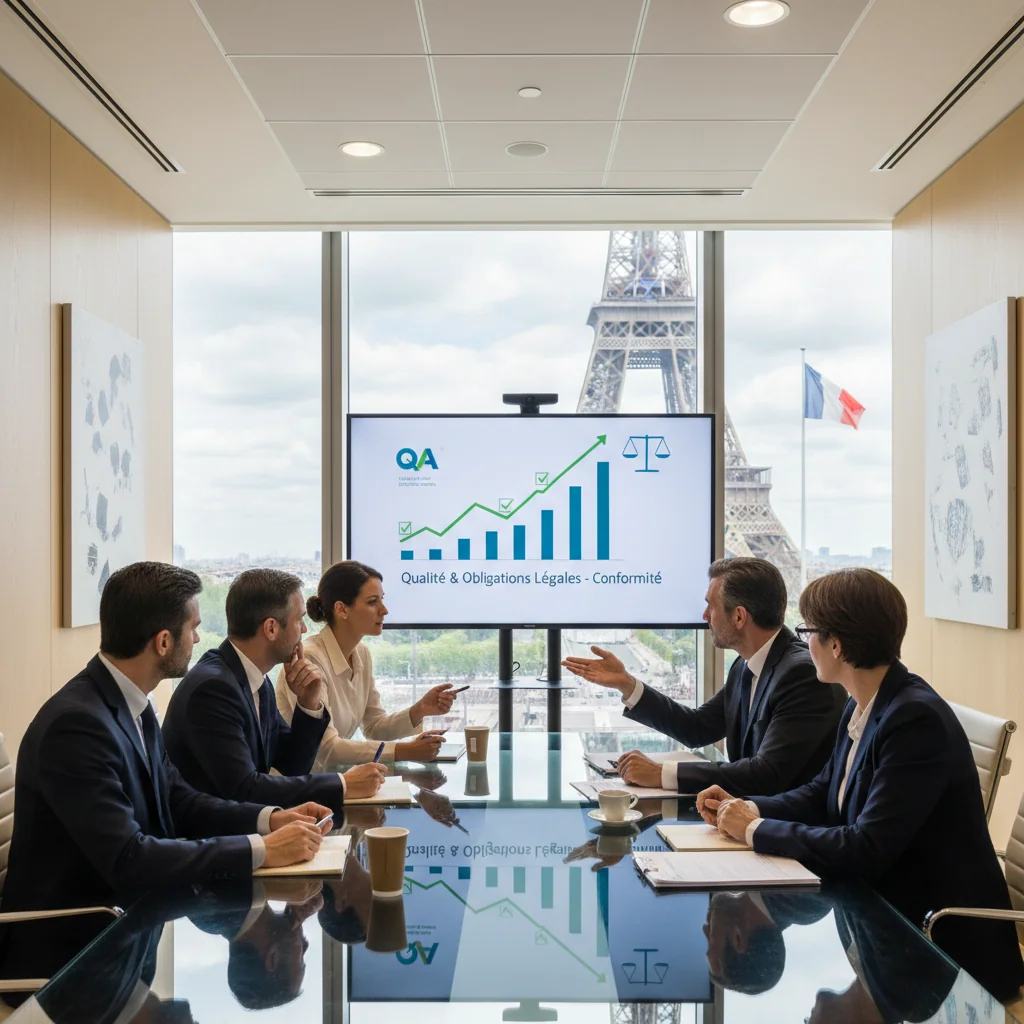 A photorealistic image of a professional business meeting in a modern French office, where a diverse group of adults is discussing quality assurance standards and legal compliance, symbolizing the obligations of a quality assurance manual in France. The scene conveys professionalism, compliance, and collaboration without focusing on documents.