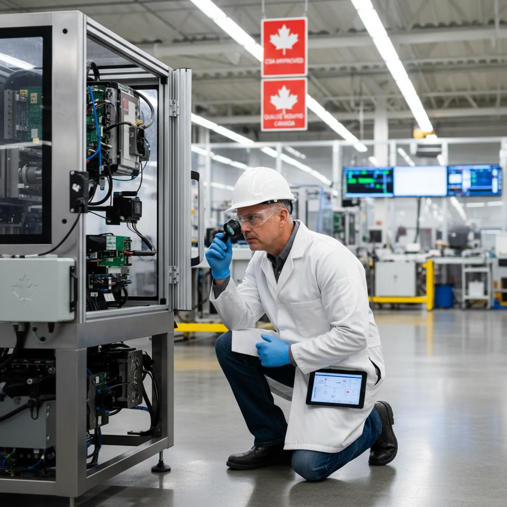 A photorealistic image of a professional quality assurance inspector in a modern Canadian manufacturing facility, carefully examining precision equipment on a production line, with subtle Canadian flag elements in the background, symbolizing regulatory compliance and meticulous oversight in industrial settings.