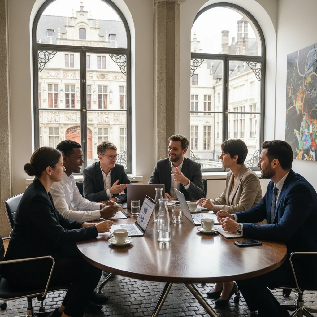 A photorealistic image of a professional business meeting in a modern Belgian office, with diverse adults discussing quality assurance strategies around a conference table, symbolizing the benefits of a quality assurance manual for companies in Belgium. The atmosphere is collaborative and efficient, with elements like charts on a screen but no actual documents visible.