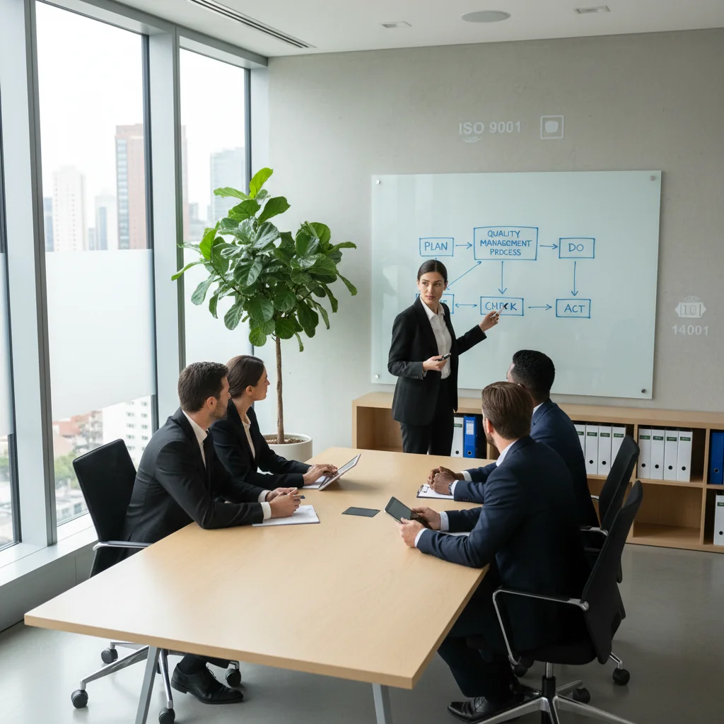 A photorealistic image of a professional business meeting in a modern office, where a diverse group of adults is collaboratively reviewing a quality management process chart on a whiteboard, symbolizing effective quality manual implementation according to ISO 9001 standards. The scene conveys efficiency, teamwork, and compliance without showing any documents directly.