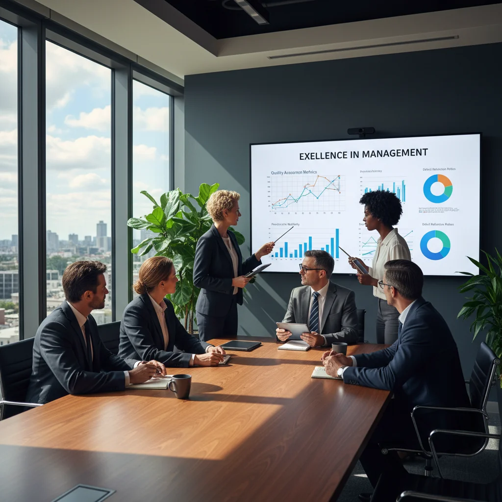 A photorealistic image of a professional business team in a modern office, collaboratively reviewing quality control processes on a large digital screen, symbolizing the importance of quality assurance in enterprise management. The scene conveys trust, efficiency, and precision in corporate operations.