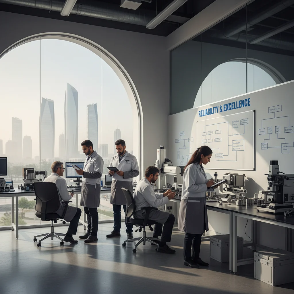 A photorealistic image depicting a professional quality assurance scene in the UAE, featuring a diverse team of adults in a modern office or industrial setting in Dubai, inspecting products or reviewing processes with UAE skyline in the background, symbolizing standards and requirements without showing any documents.