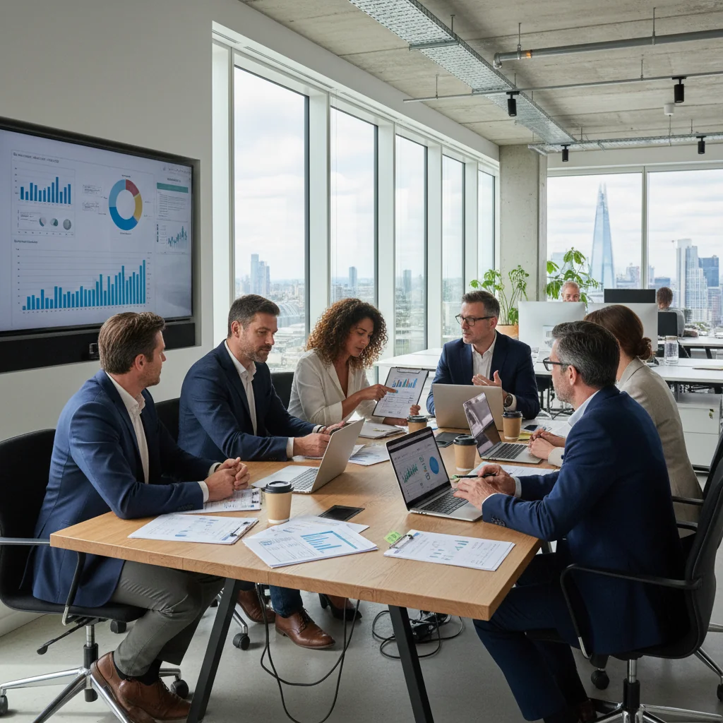 A photorealistic image of a diverse team of adult professionals in a modern UK office environment, collaboratively reviewing quality assurance processes on digital screens and checklists, symbolizing effective implementation of quality manuals for businesses, with no children present.