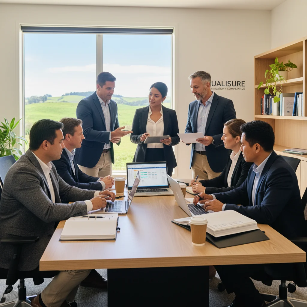 A photorealistic image of a professional quality assurance team in a modern New Zealand office, reviewing compliance checklists on computers, symbolizing best practices in quality assurance manuals, with scenic Kiwi elements like a view of green hills through the window, conveying trust, precision, and regulatory adherence among adults only.