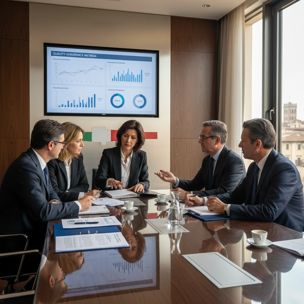 A photorealistic image of a professional Italian business team in a modern office setting, collaborating on quality improvement processes. They are diverse adults reviewing charts and discussing strategies around a conference table, symbolizing the essence of a quality manual in ensuring business excellence and compliance for Italian companies. No children are present.