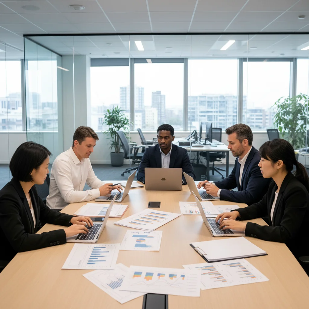 A professional office environment in the UK, featuring a diverse team of adults engaged in a quality assurance review meeting, with charts and checklists on a table, symbolizing comprehensive standards and oversight, no children present.