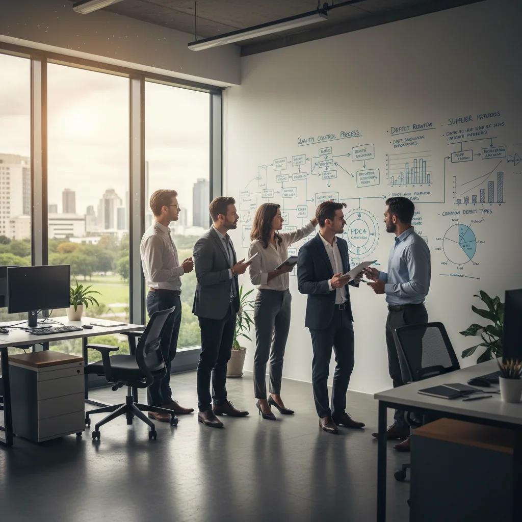 A photorealistic image of a professional team in a modern office conducting a quality assurance review, with adults examining processes on a whiteboard, symbolizing the creation of a quality assurance handbook.