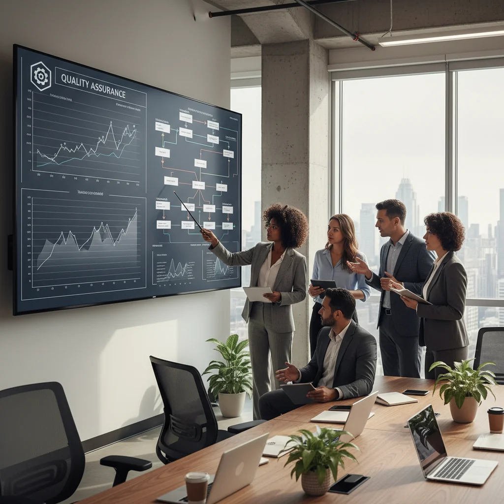 A photorealistic image of a professional quality assurance team in a modern office, collaboratively reviewing processes on a large screen, symbolizing systematic quality control and assurance, with diverse adults in business attire, no children present.