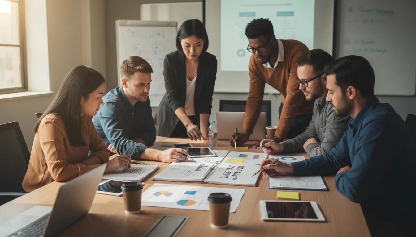 Team reviewing handbook draft.
