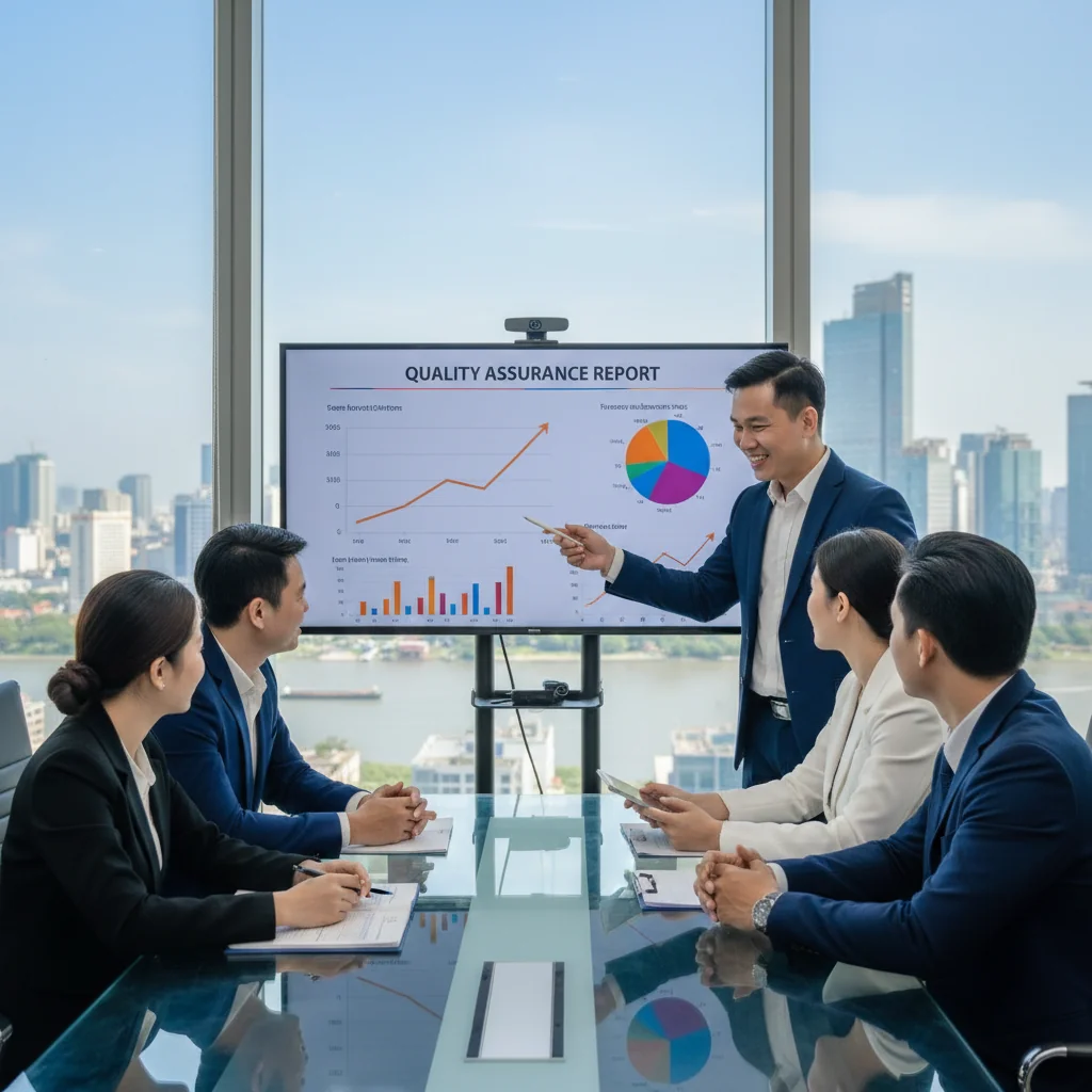 A photorealistic image depicting a professional Vietnamese business meeting in a modern office, where a diverse group of adult professionals are collaboratively reviewing quality assurance charts on a large screen, symbolizing the benefits of quality management in Vietnamese enterprises. The atmosphere is focused and positive, with elements like Vietnamese cultural motifs in the background, but no documents or children visible.