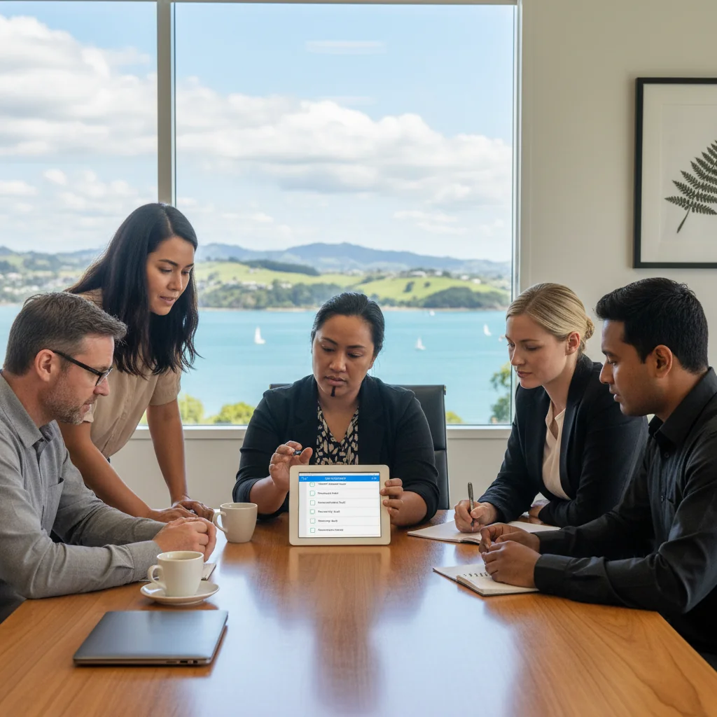 A photorealistic image of a professional New Zealand business team in a modern office, collaboratively reviewing a quality assurance checklist on a digital tablet, symbolizing effective quality control and business standards, with scenic New Zealand landscape visible through the window, no children present.