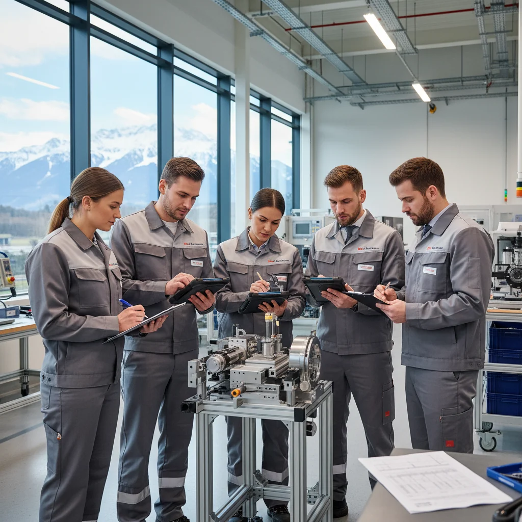 A photorealistic image depicting a professional quality assurance process in an Austrian industrial setting, showing adults in a modern factory or office environment reviewing standards and ensuring product quality, with subtle Austrian elements like alpine views in the background, no children present.