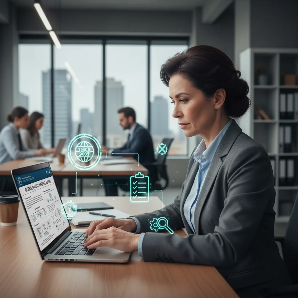 A photorealistic image of a professional quality manager in a modern office setting, carefully reviewing a quality manual on a computer screen, with ISO certification symbols subtly in the background, symbolizing error avoidance and compliance, no children present.