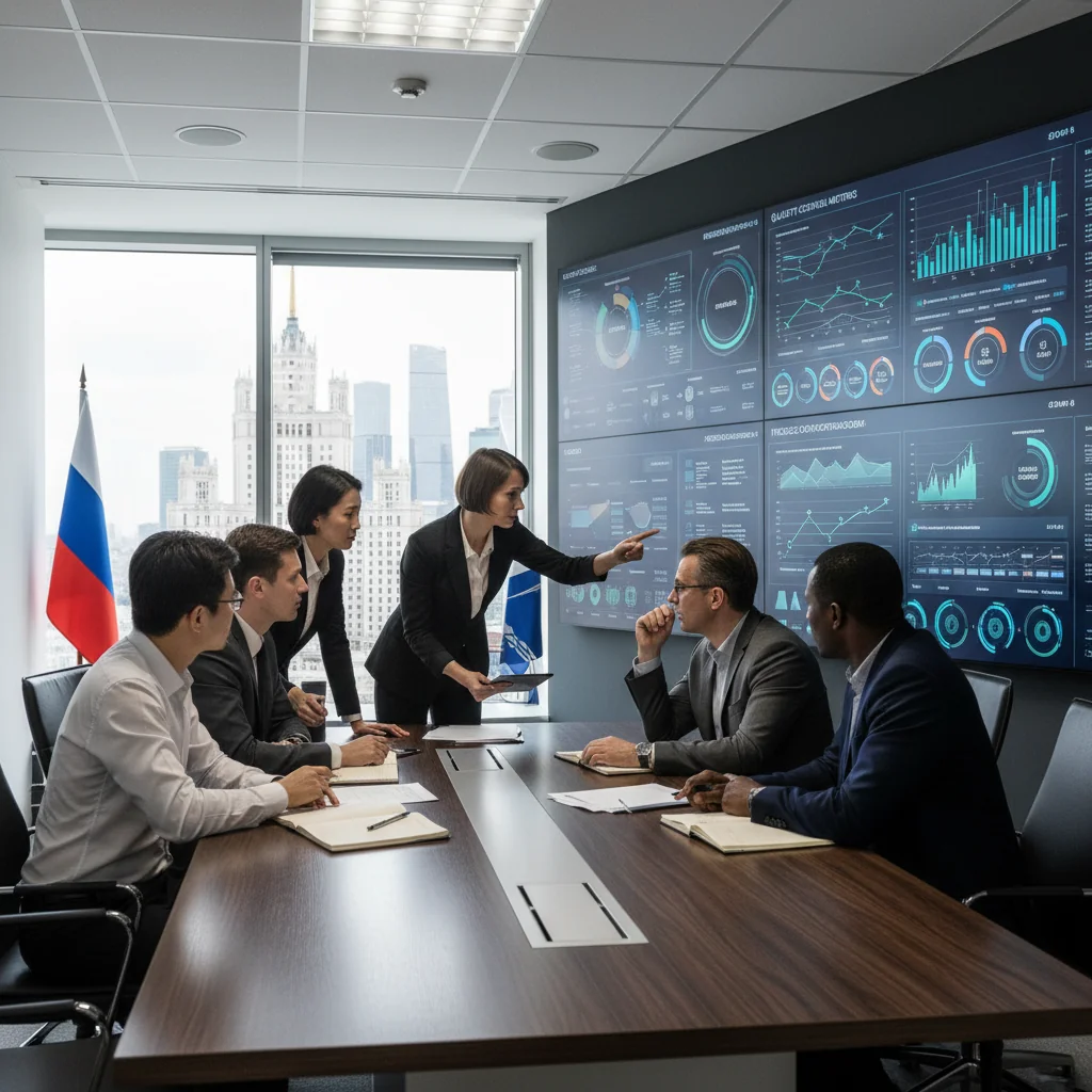 A photorealistic image of a professional team in a modern Russian office setting, collaboratively reviewing quality control charts and processes on a large screen, symbolizing the development and implementation of a quality management guide for a Russian enterprise. The scene conveys efficiency, teamwork, and attention to detail in industrial quality assurance.