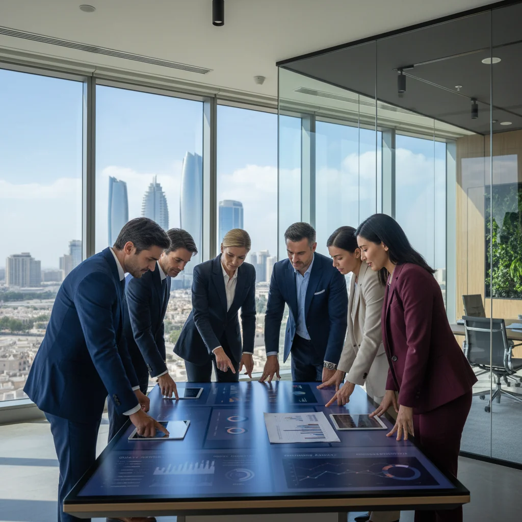 A photorealistic image depicting a diverse group of professional businesspeople in a modern office setting in Dubai or Abu Dhabi, engaging in a quality assurance review meeting. They are examining charts and data on a large screen, symbolizing the importance of quality assurance guidelines for private companies. The scene includes elements like sleek skyscrapers visible through windows, emphasizing the UAE business environment. No children are present. The image is strictly photorealistic, with no graphics, drawings, or illustrations.