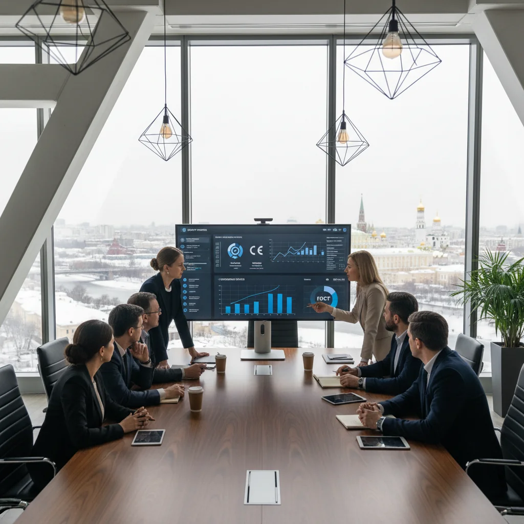 A photorealistic image of a professional business team in a modern Russian office, collaboratively reviewing quality management charts on a digital screen, symbolizing certification and implementation of quality guidelines for businesses in Russia. The scene conveys success, compliance, and efficiency without any documents visible.