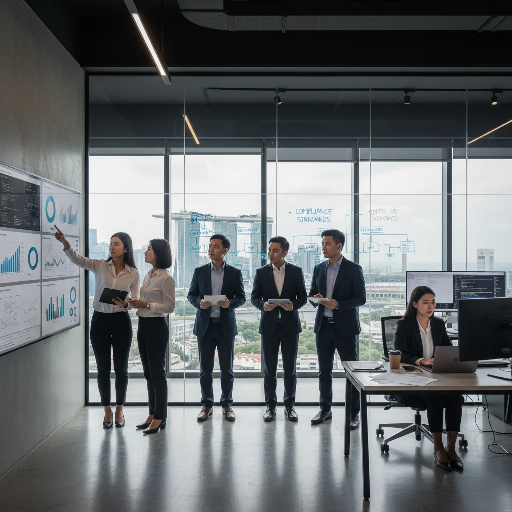 A photorealistic image of a professional quality assurance team in a modern Singapore office, reviewing processes on computers and checklists, symbolizing compliance and standards without showing any documents directly. Diverse adults in business attire, with subtle Singapore skyline in the background.