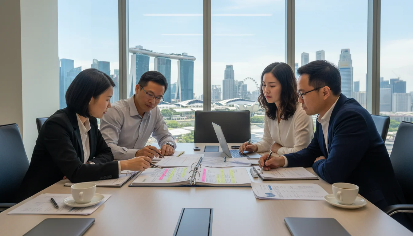 Singapore office workers reviewing quality manual