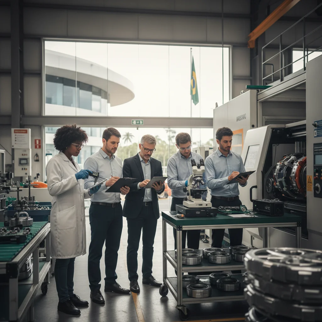A photorealistic image depicting a professional quality assurance team in a modern Brazilian industrial setting, such as a manufacturing plant or laboratory, conducting a quality control inspection on products. The scene shows adults in business attire or lab coats, using tools and checklists to ensure high standards, with Brazilian elements like the national flag in the background or tropical plants, symbolizing the importance of quality guarantees in Brazil. The atmosphere is focused and collaborative, emphasizing reliability and excellence in business practices. No children are present in the image.