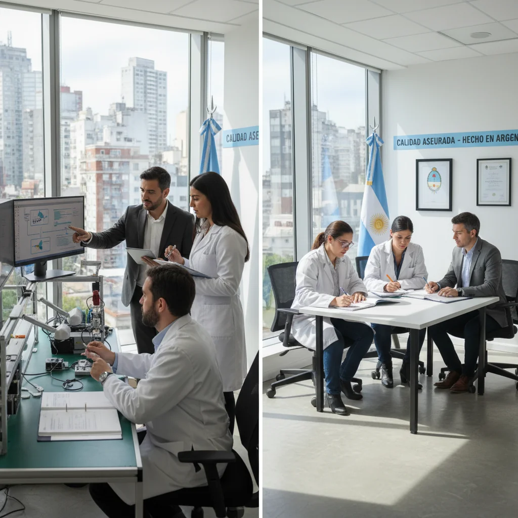 A photorealistic image of a professional quality assurance team in a modern Argentine office, conducting a thorough audit with checklists and inspection tools, symbolizing precision and compliance in business standards, with subtle Argentine flags or landmarks in the background to evoke national context.