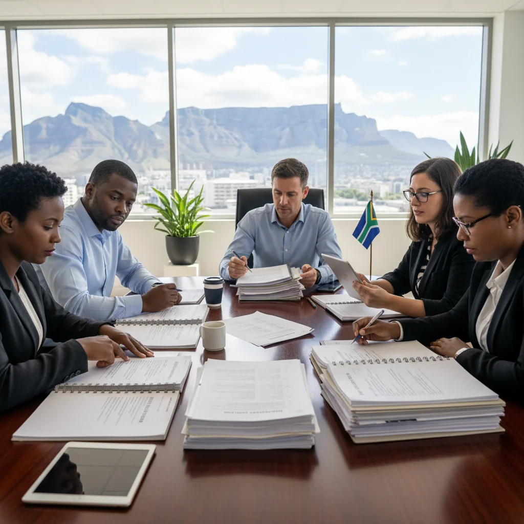 A photorealistic image of a diverse group of adult professionals in a modern South African office setting, reviewing compliance documents on a table, symbolizing quality assurance and regulatory adherence, with subtle South African elements like a flag or landscape view in the background. No children present.