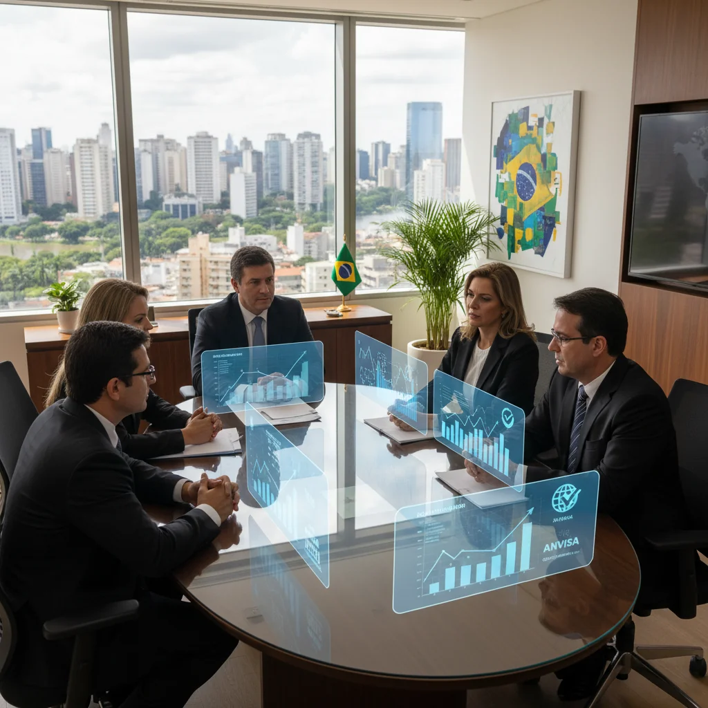 A photorealistic image of a diverse group of professional adults in a modern Brazilian corporate office, reviewing quality assurance standards on large digital screens, symbolizing compliance and quality management in Brazilian companies. The scene conveys professionalism, collaboration, and regulatory adherence without showing any documents or children.